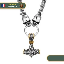 Collier Viking Marteau De Thor Et Têtes De Morts