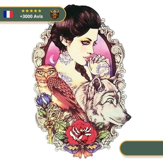 Tatouage Temporaire Viking<br> Freya Déesse Nordique Hibou Et Loup 1 Tatouage Temporaire Viking<br> Freya Déesse Nordique Hibou Et Loup
