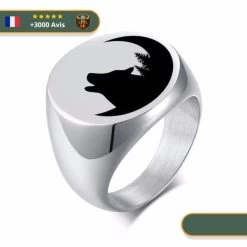 Bague Chevalière Loup Et Croissant De Lune